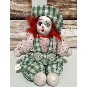 Cute Green Gingham Clown Doll Small But Knowing Clown Red Hair Weighted